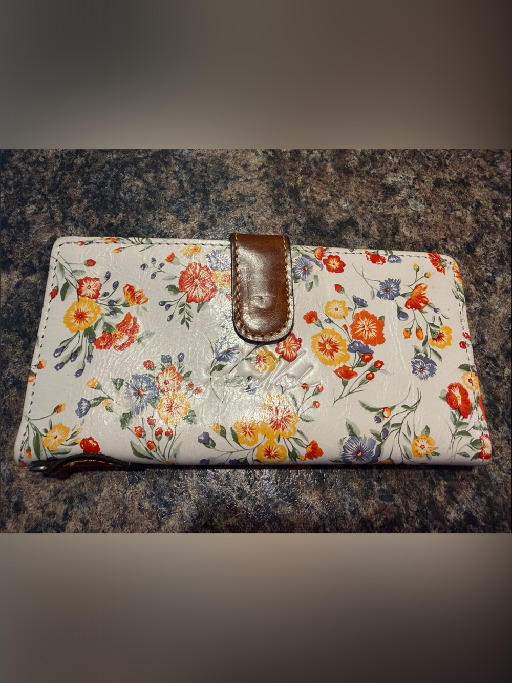 Patricia Nash Cream Floral Wallet Clutch with Brown Tab